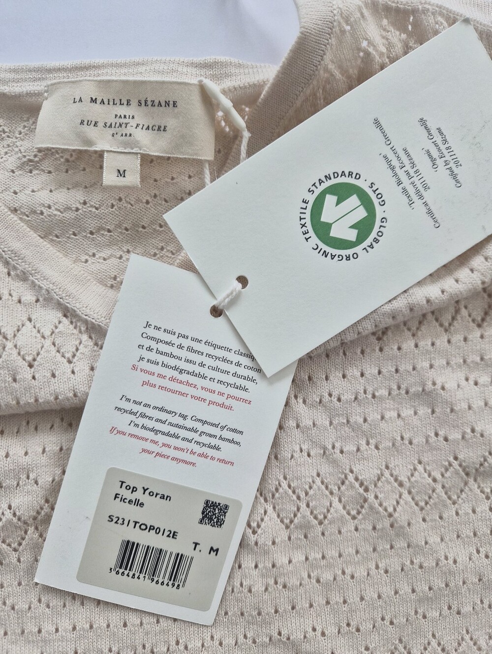 *NWT* [Sezane] Yoran Top in Cream, Size  M, 100% Organic Cotton, Knit, Italy - Picture 7 of 13